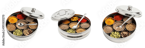 Εκτύπωση καμβά Set of stainless steel Indian spice box with lid and spoon, traditional masala d