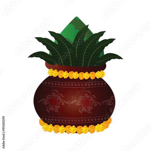 Hindu holy mangal ghat with coconut and mango leaves for puja and wedding invitation vector