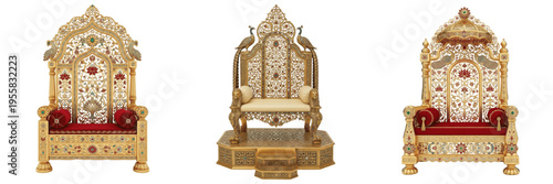 Fotografía Set of royal golden thrones with intricate marble inlay and peacock carvings, lu