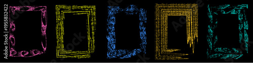 Crayon frame set, colorful chalk brush stroke borders and hand drawn sketch rectangles isolated on black background with copy space