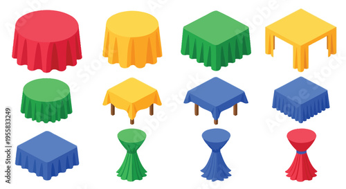 Colorful tables with draped cloths in an isometric perspective