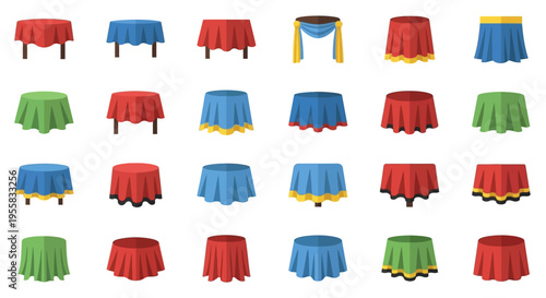 Colorful round tables with draped tablecloths arranged in a grid pattern