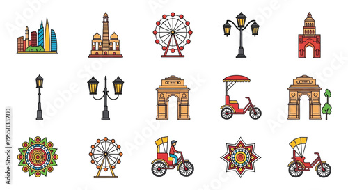 Colorful illustrations of india s famous landmarks and cultural icons