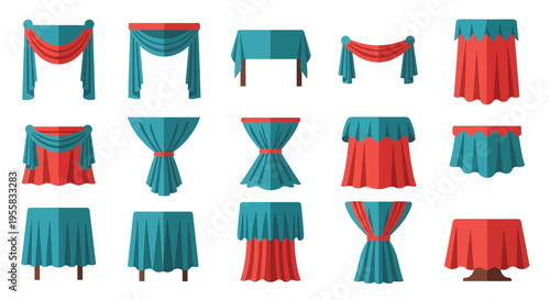 Collection of colorful table skirt and drapery designs on white background