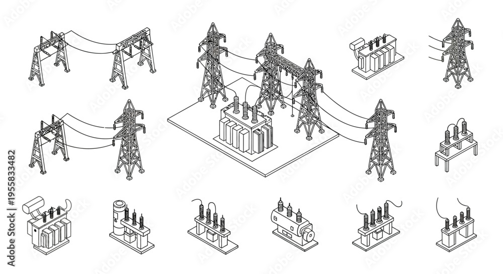 Obraz premium Isometric illustration of electrical power grid infrastructure and components