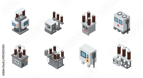 Isometric illustration of electrical substations and power distribution equipment