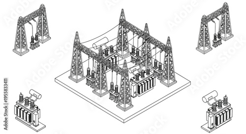 Schematic illustration of a high voltage electrical substation and components