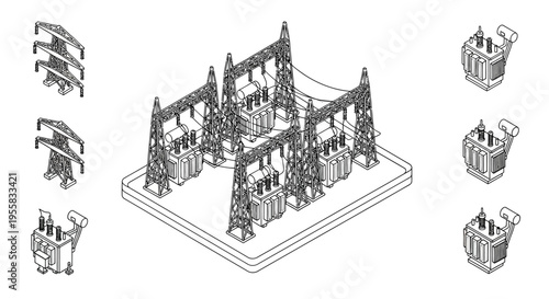 Isometric illustration of an electrical substation with transformers and supports