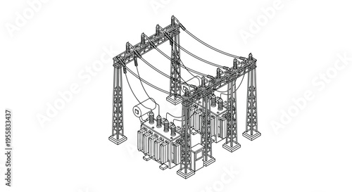 Schematic illustration of a high voltage electrical substation with transformers