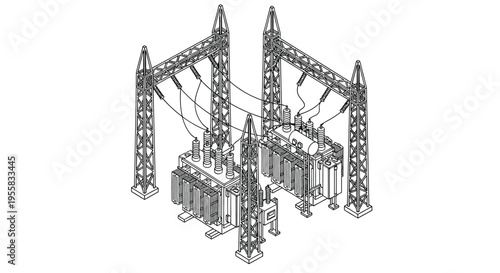 Line drawing of a high voltage electrical substation with transformers