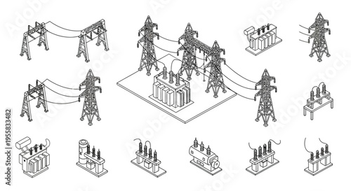Isometric illustration of electrical power grid infrastructure and components