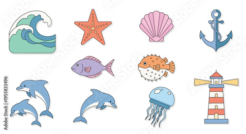 Colorful cartoon illustrations of marine life and nautical elements