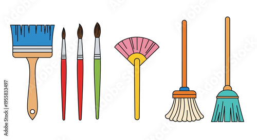 Colorful illustration of various painting and cleaning tools arranged in a row