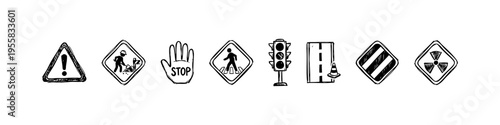 Minimal safety icons: warning, construction, stop hand, pedestrian, traffic light, cone lane, hazard stripes, and radiation. Ideal for transport and safety visuals.