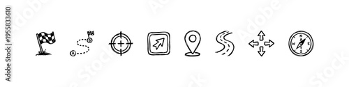 Minimal navigation icons: routes, arrows, signposts, maps, pins, flags, paths, and compass. Ideal for travel, exploration, and visuals.