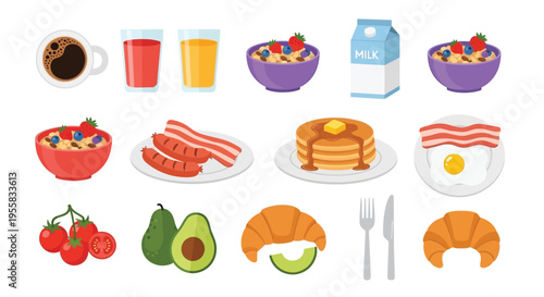 A colorful collection of breakfast foods and fresh fruit items