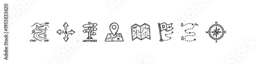 Minimal navigation icons: routes, arrows, signposts, maps, pins, flags, paths, and compass. Ideal for travel, exploration, and visuals.