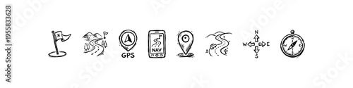 Minimal navigation icons: routes, arrows, signposts, maps, pins, flags, paths, and compass. Ideal for travel, exploration, and visuals.