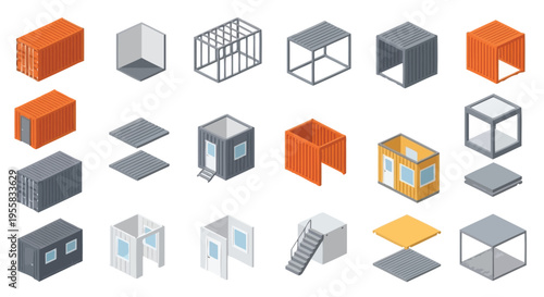 Isometric view of various shipping container designs and components