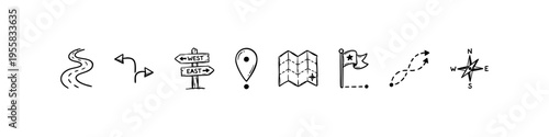 Minimal navigation icons: routes, arrows, signposts, maps, pins, flags, paths, and compass. Ideal for travel, exploration, and visuals.