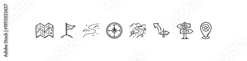 Minimal navigation icons: routes, arrows, signposts, maps, pins, flags, paths, and compass. Ideal for travel, exploration, and visuals.