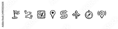 Minimal navigation icons: routes, arrows, signposts, maps, pins, flags, paths, and compass. Ideal for travel, exploration, and visuals.