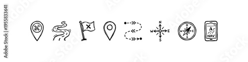 Minimal navigation icons: routes, arrows, signposts, maps, pins, flags, paths, and compass. Ideal for travel, exploration, and visuals.