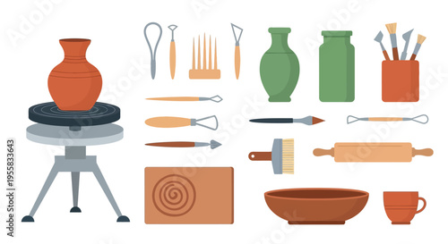 Pottery wheel and various ceramic tools arranged in a flat lay style