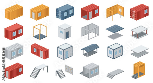 Isometric collection of colorful shipping containers and modular building elements