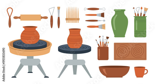 Collection of pottery tools vessels and sculpting equipment in flat design