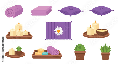 Relaxing spa elements including candles pillows and plants on white background
