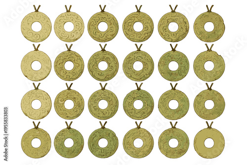 Coins arranged in a grid showing different designs and colors on a white background during a display