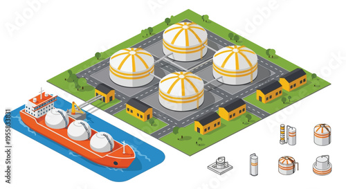 Isometric illustration of an oil refinery with a ship docking