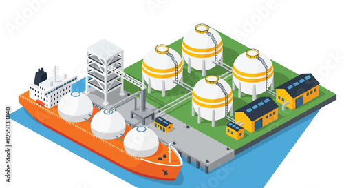 Isometric illustration of an oil refinery and cargo ship docking