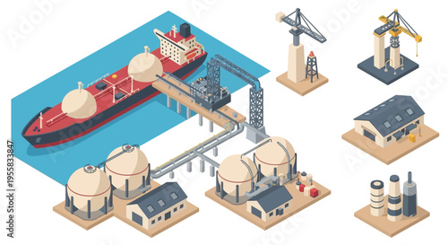 Isometric illustration of an oil refinery with a large tanker ship