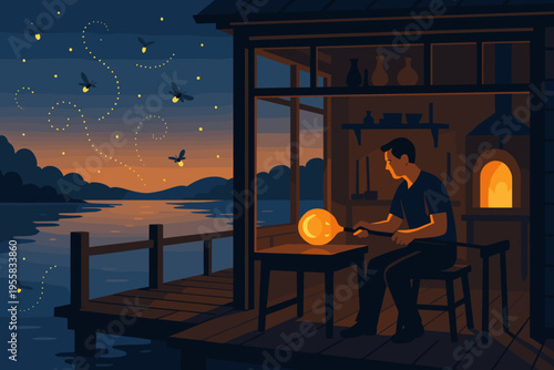 Man shapes glass near lake in evening with fire light glowing and fireflies dancing in twilight sky