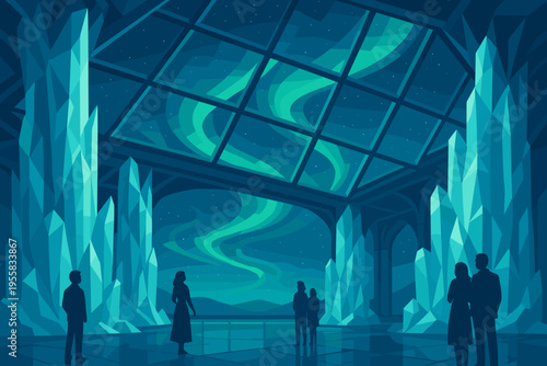 Visitors admire the northern lights display within a crystal cave structure at night with a starry sky overhead