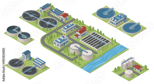 Isometric illustration of a modern wastewater treatment plant and facilities