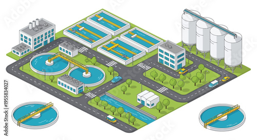 Isometric illustration of a modern water treatment and purification facility