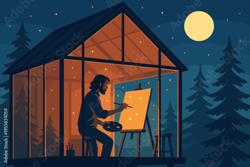Artist paints inside a glass house at night with a full moon shining bright and trees surrounding the scene