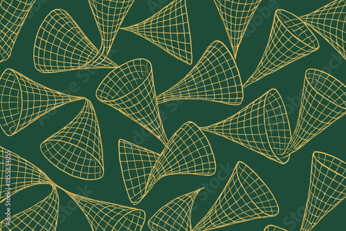 Pattern of yellow cone shapes on dark green background with grid design in simple style