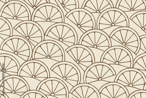 Design of overlapping lemon slices on light background with simple shapes in repeating pattern throughout the area