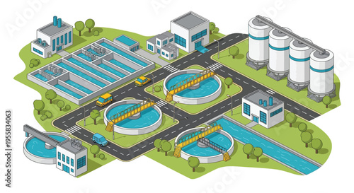 Isometric illustration of a modern water treatment and recycling facility