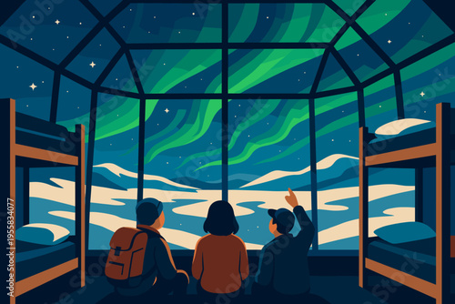 People watch northern lights from cabin with beds in view at night on snowy landscape in winter season