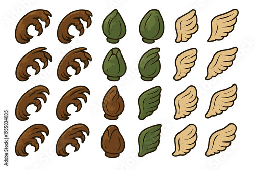 Many types of textures are arranged in a grid showing different shapes and colors with natural elements used in design