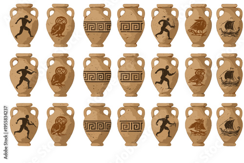 Various clay vases with different designs showing figures, animals, and patterns, arranged in rows, ready for display or sale