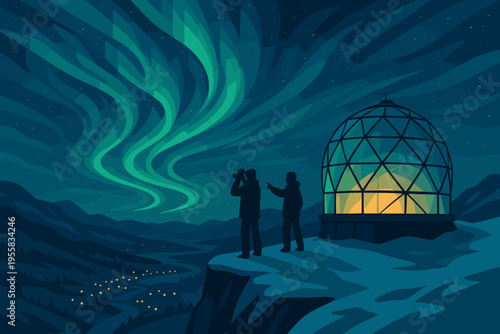 Explorers watch the northern lights from a viewpoint at night near a geodesic dome in a snowy landscape