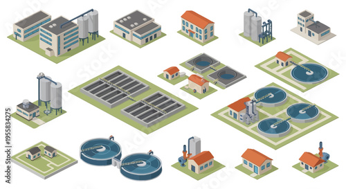 Isometric illustration of industrial buildings water treatment plants and structures