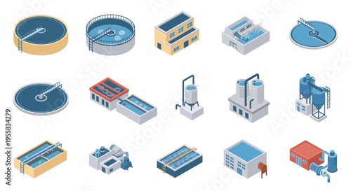 Isometric illustration of various water treatment and purification facilities