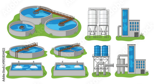 Illustration of a water purification and industrial facility complex